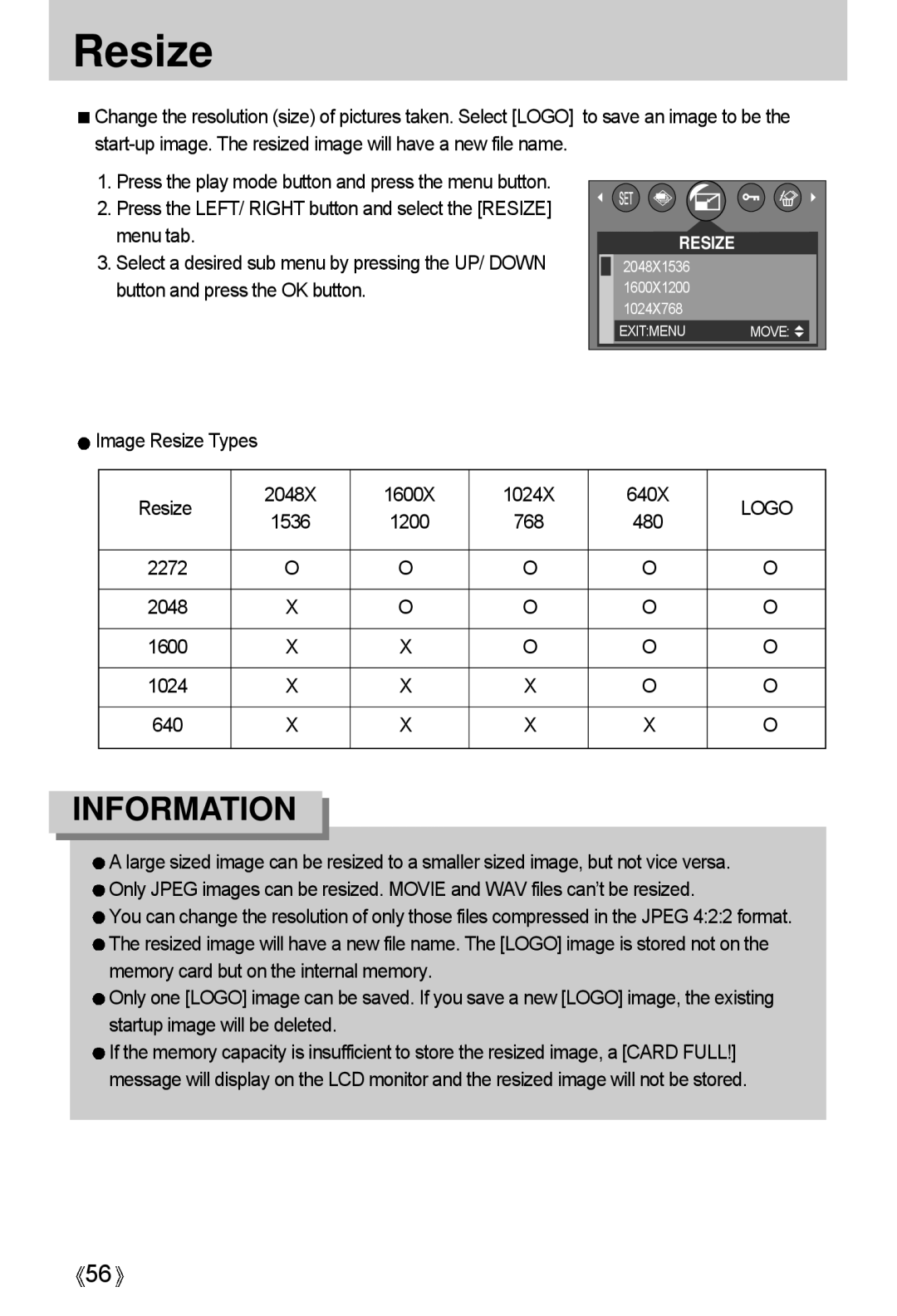 Samsung A4 user manual Image Resize Types 2048X 1600X 1024X 640X, Logo, 1536 1200 768 480 