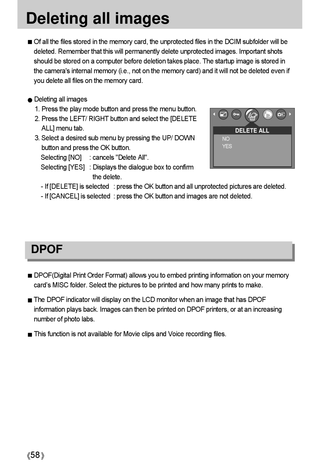 Samsung A4 user manual Deleting all images, Button and press the OK button, Selecting no Cancels Delete All 