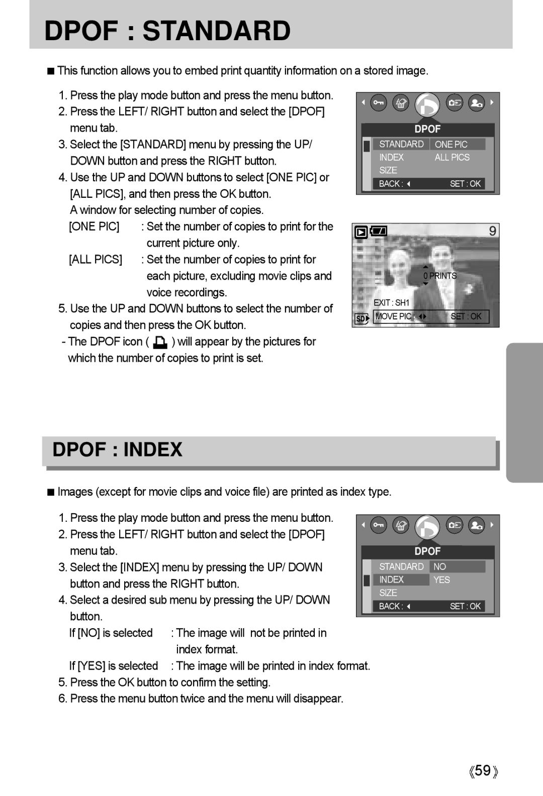 Samsung A4 user manual Press the LEFT/ Right button and select the Dpof menu tab, Window for selecting number of copies 