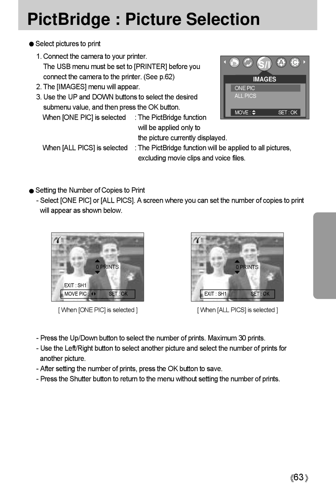 Samsung A4 PictBridge Picture Selection, Images menu will appear, Use the UP and Down buttons to select the desired 