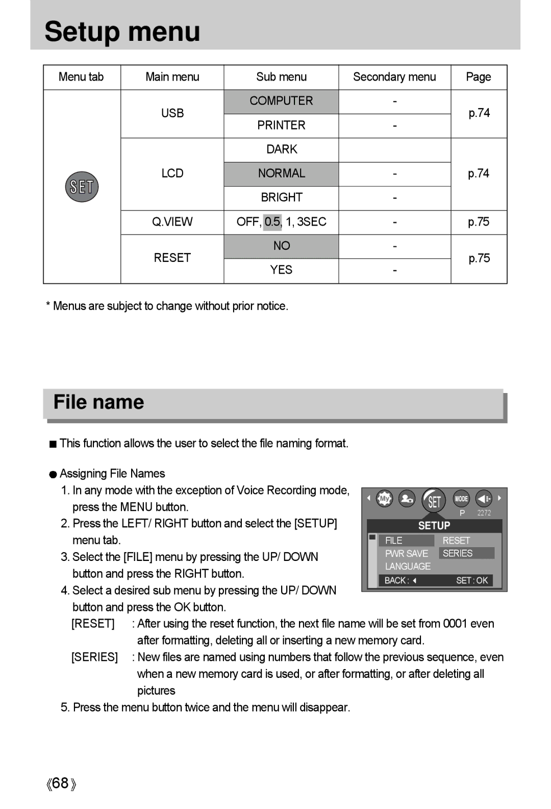 Samsung A4 user manual Setup menu, File name, USB Computer Printer, Bright, Series 