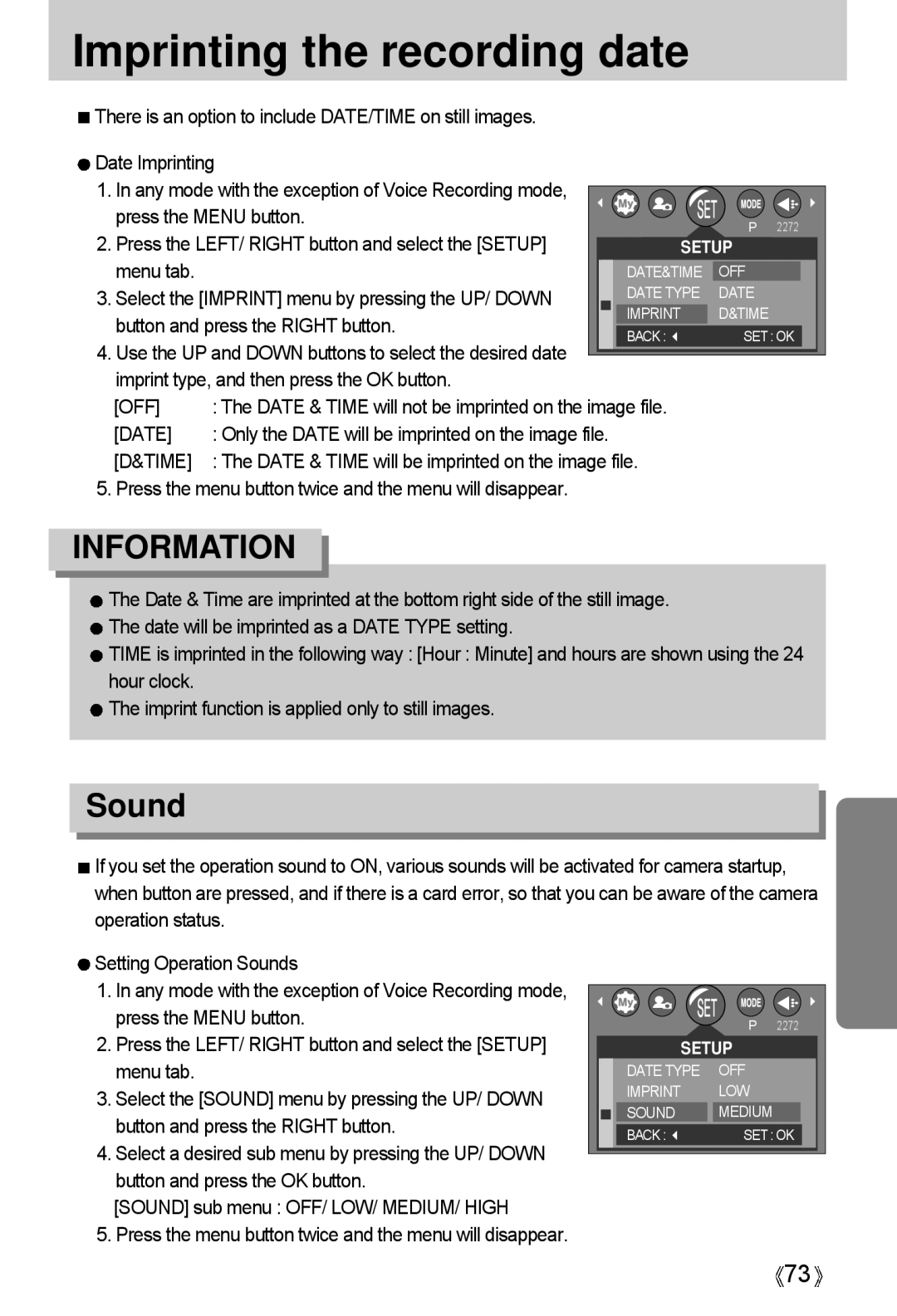 Samsung A4 user manual Imprinting the recording date, Sound, Time 