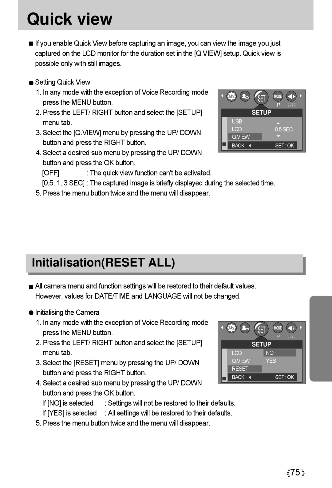 Samsung A4 user manual Quick view, InitialisationRESET ALL, Select the Reset menu by pressing the UP/ Down 