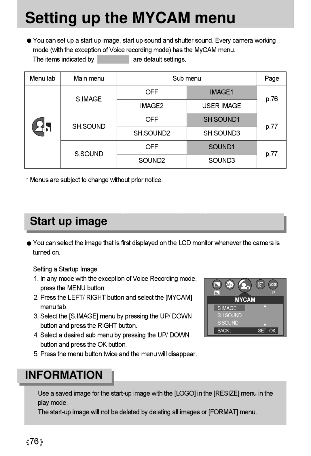 Samsung A4 Setting up the Mycam menu, Start up image, Items indicated by are default settings Menu tab Main menu 