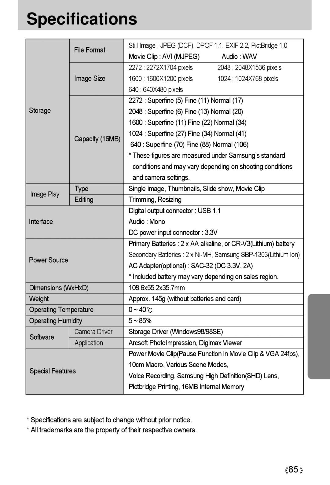 Samsung A4 File Format, Superfine 27 Fine 34 Normal, Superfine 70 Fine 88 Normal, AC Adapteroptional SAC-32 DC 3.3V, 2A 