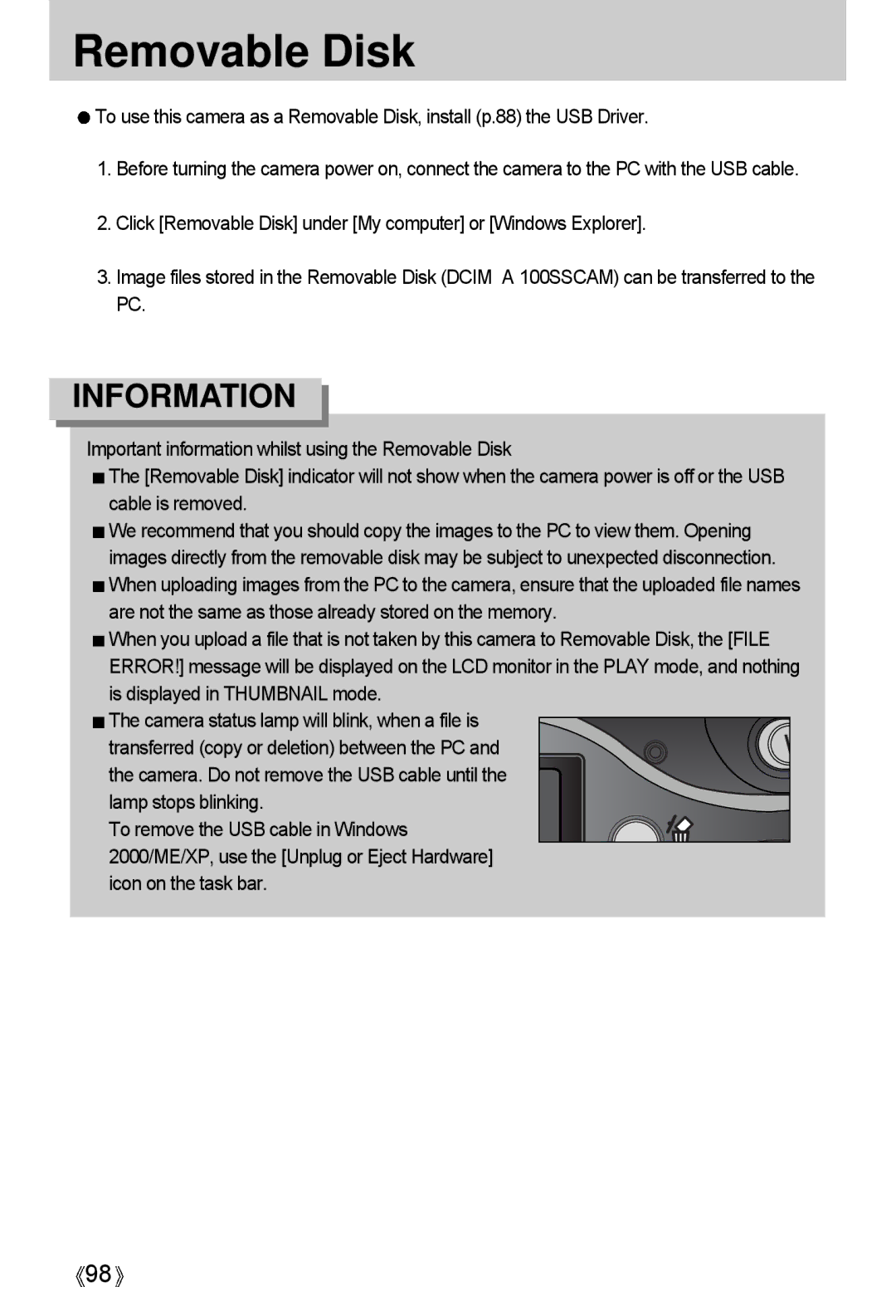 Samsung A4 user manual Removable Disk, Lamp stops blinking, Icon on the task bar 