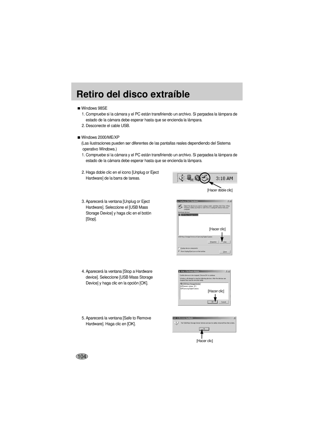 Samsung A400 manual Retiro del disco extraíble, Windows 98SE 