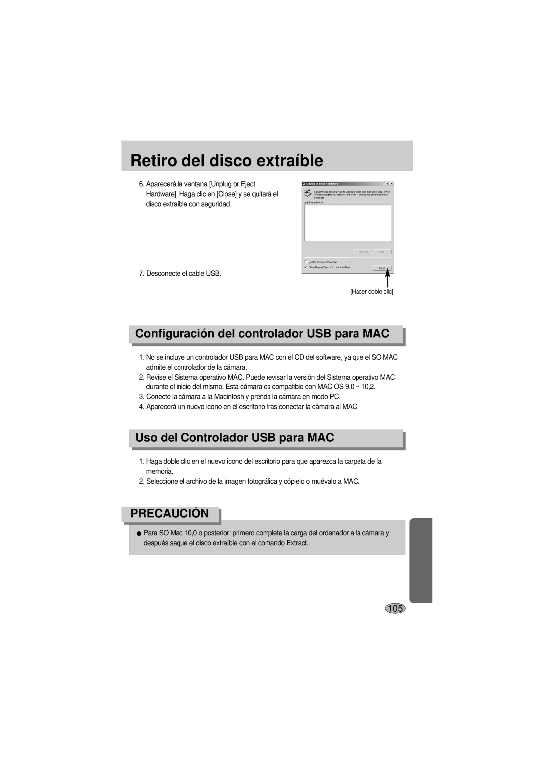 Samsung A400 manual Configuración del controlador USB para MAC, Uso del Controlador USB para MAC 