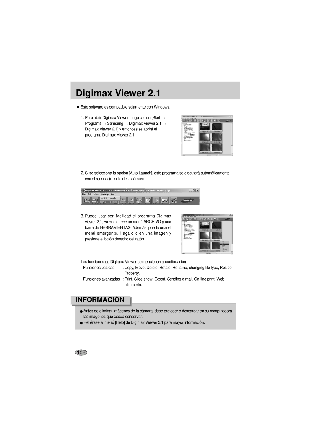 Samsung A400 manual Digimax Viewer, Este software es compatible solamente con Windows 