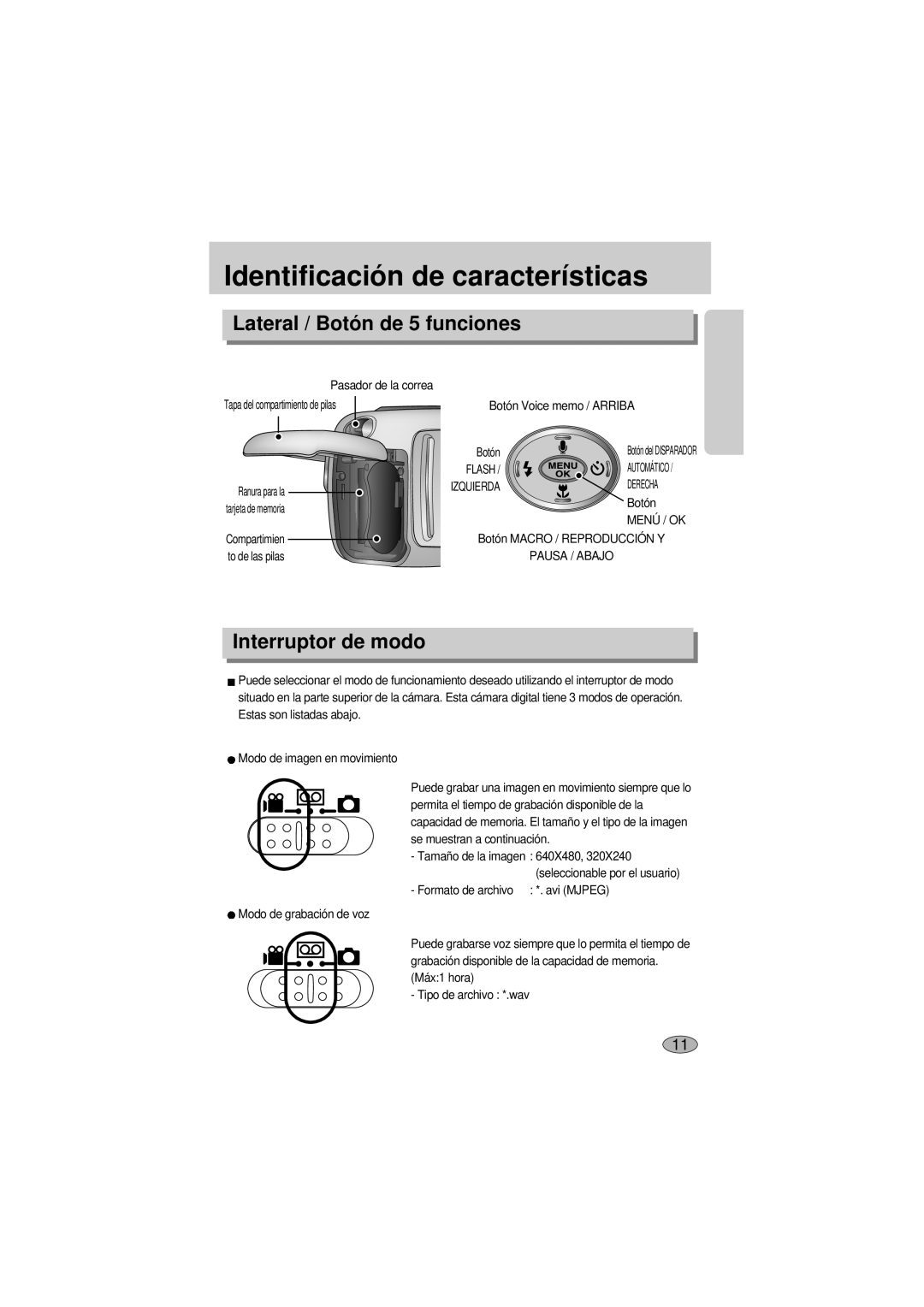 Samsung A400 manual Lateral / Botón de 5 funciones, Interruptor de modo, Flash, Derecha, Pausa / Abajo 