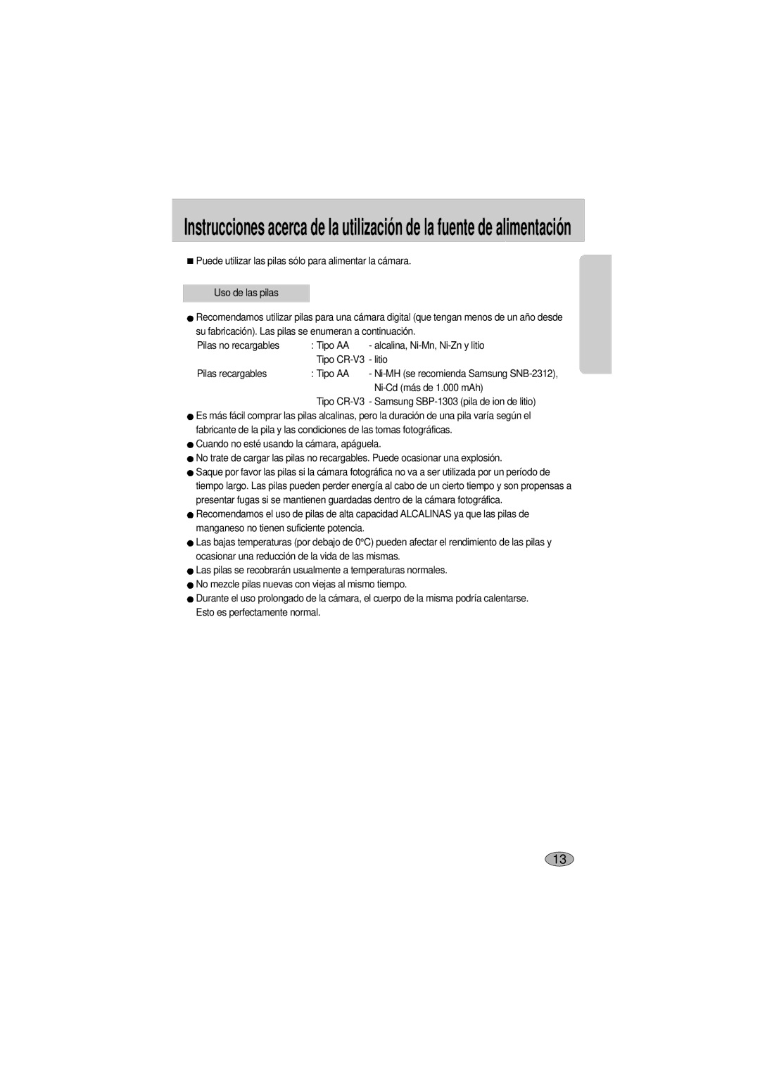 Samsung A400 manual Ni-Cd más de 1.000 mAh, Tipo CR-V3 Samsung SBP-1303 pila de ion de litio 