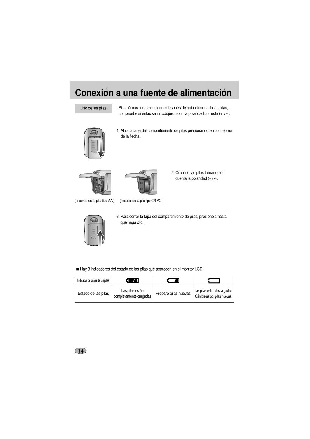 Samsung A400 manual Conexión a una fuente de alimentación, Estado de las pilas 