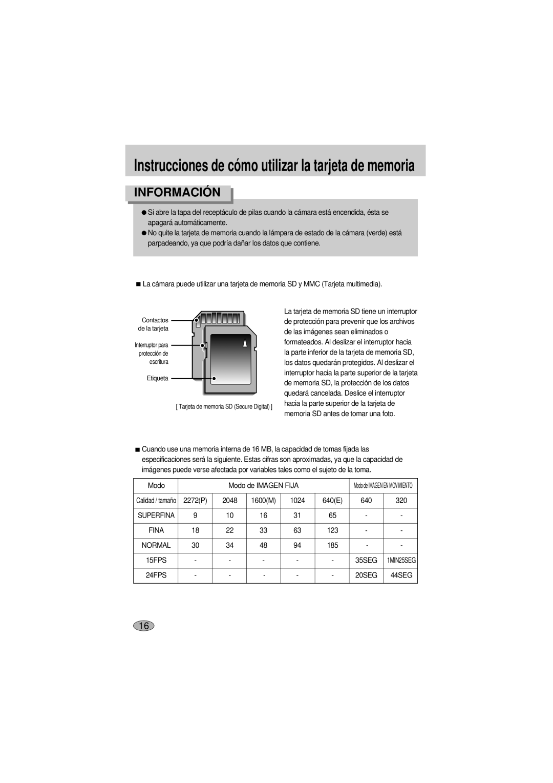 Samsung A400 manual Información, Modo Modo de Imagen Fija 