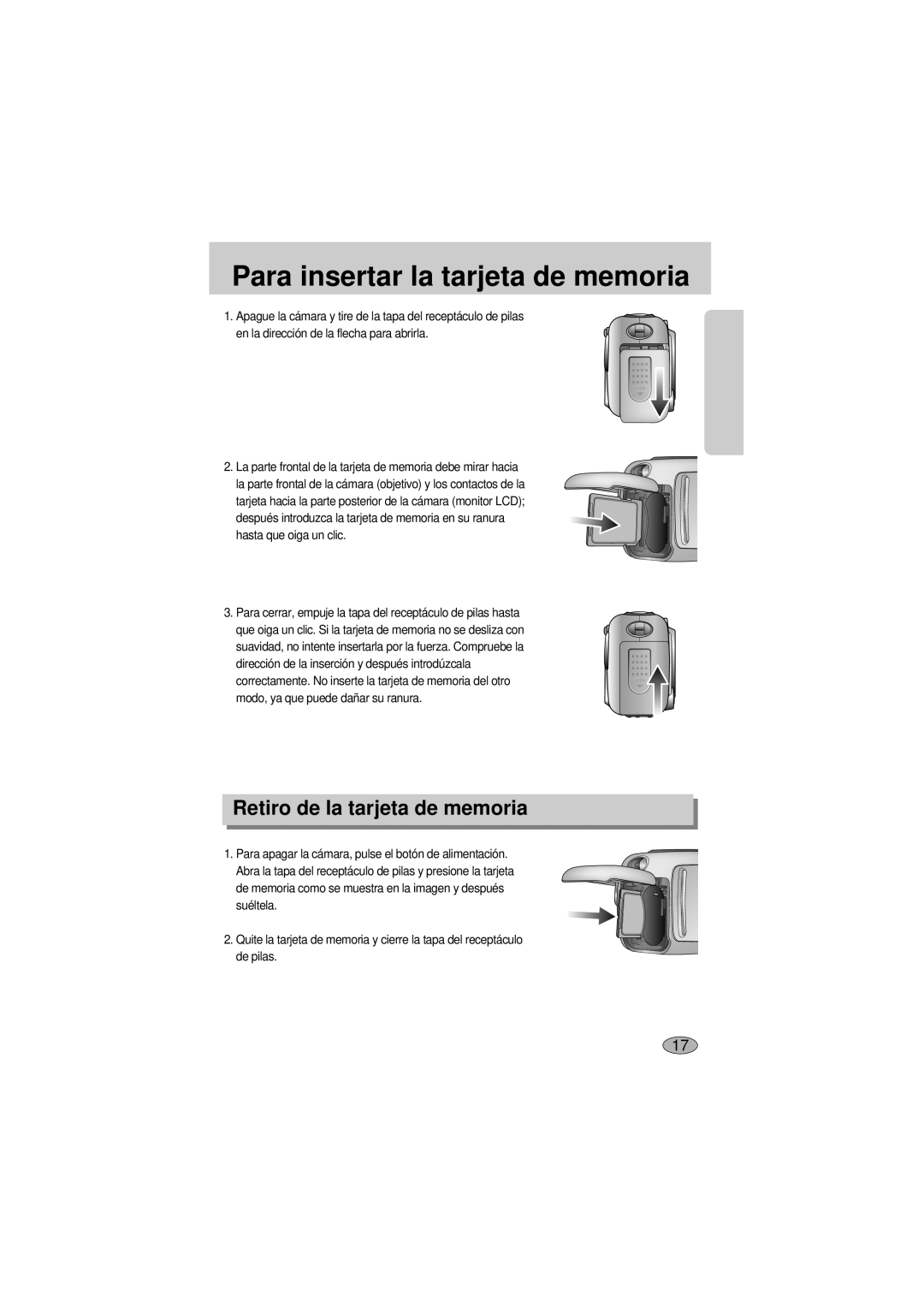 Samsung A400 manual Para insertar la tarjeta de memoria, Retiro de la tarjeta de memoria 