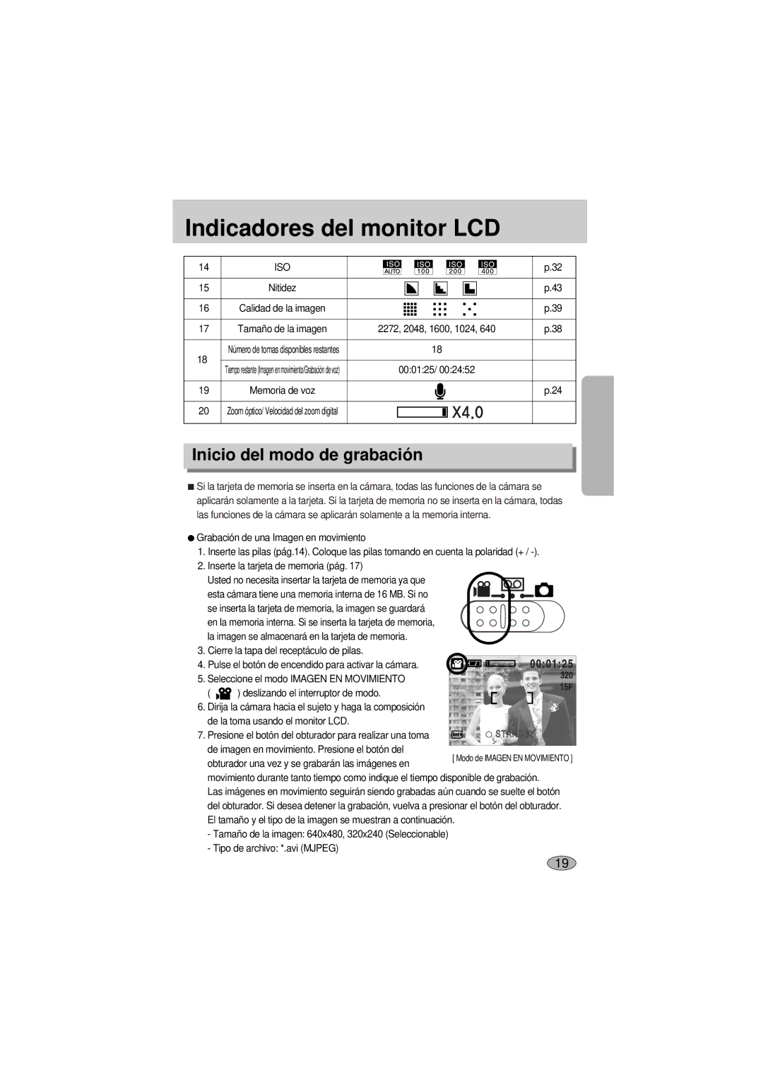 Samsung A400 manual Inicio del modo de grabación, Iso, 2272, 2048, 1600, 1024, 000125 