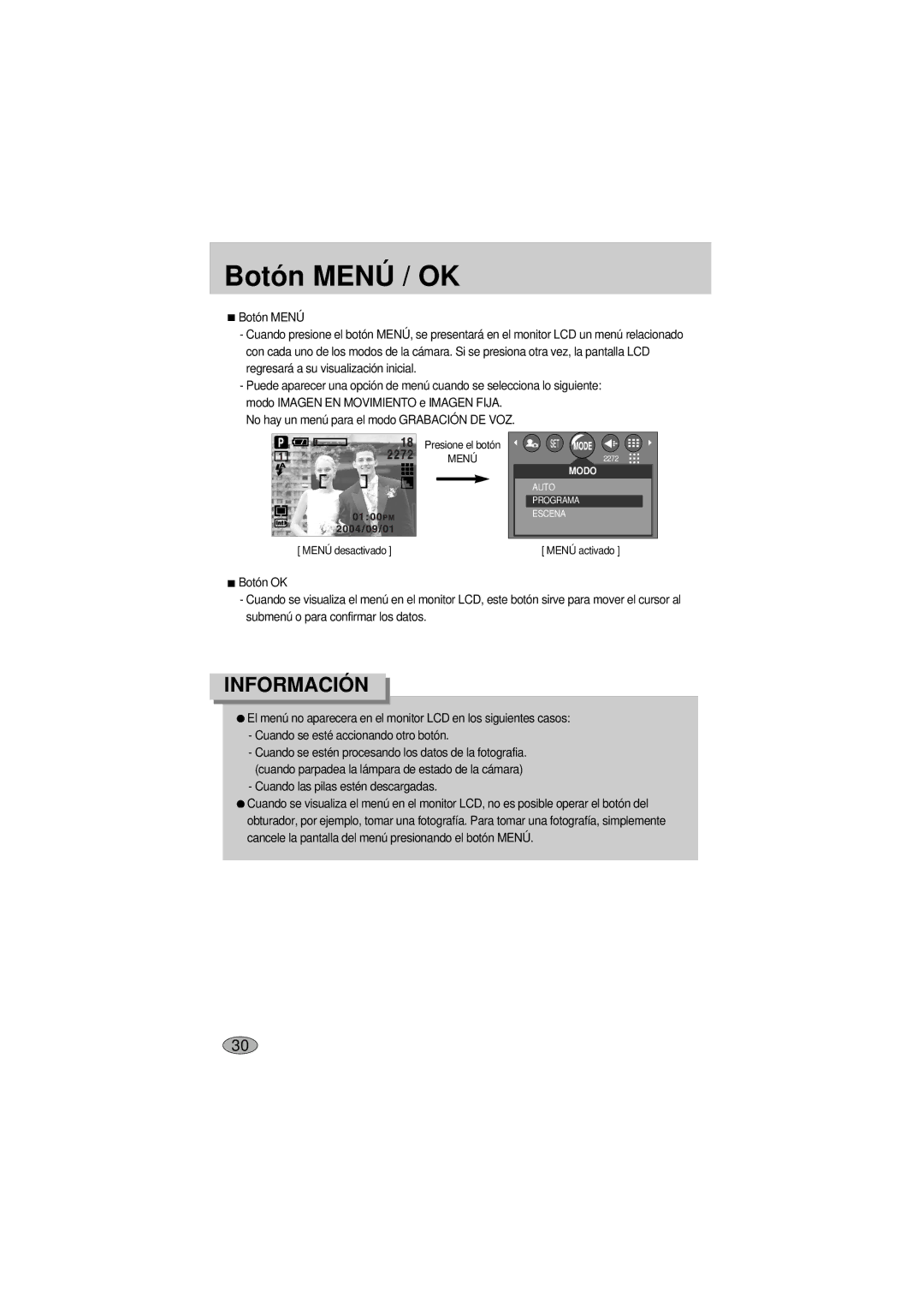 Samsung A400 manual Botón Menú / OK, Cuando las pilas estén descargadas 