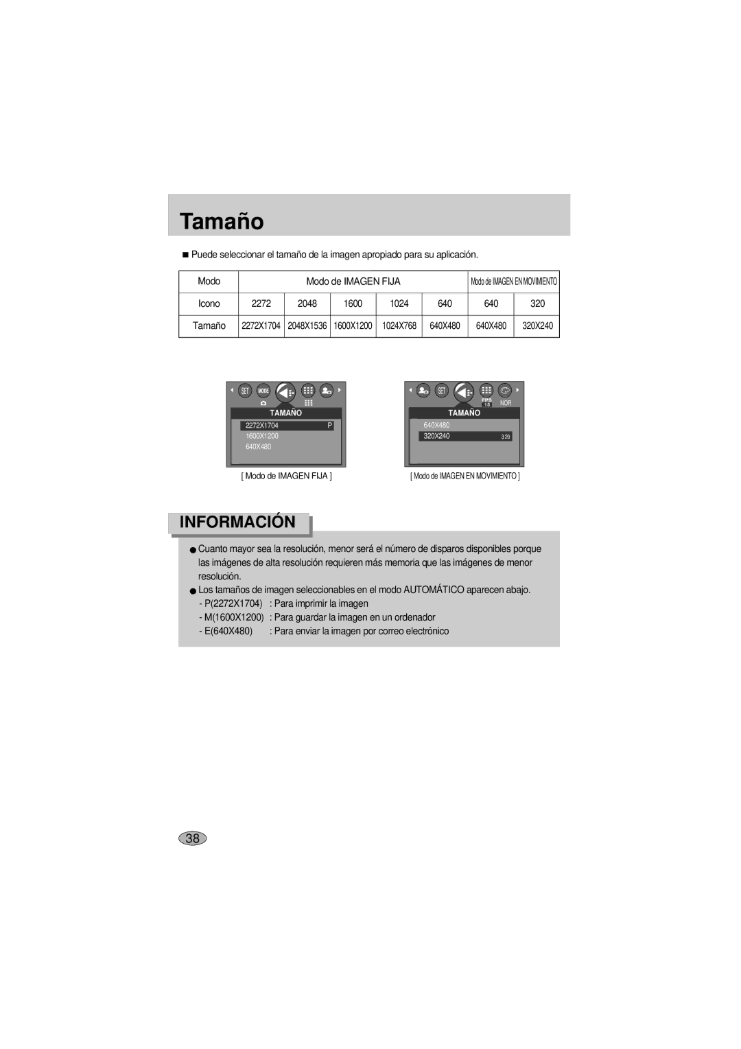 Samsung A400 manual Tamaño, 2272 2048 1600 1024 640 320 