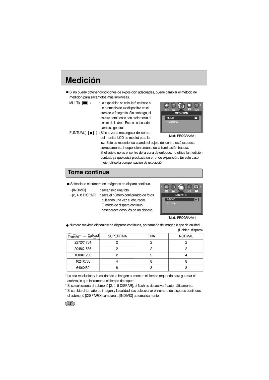 Samsung A400 manual Medición, Toma continua, Puntual 