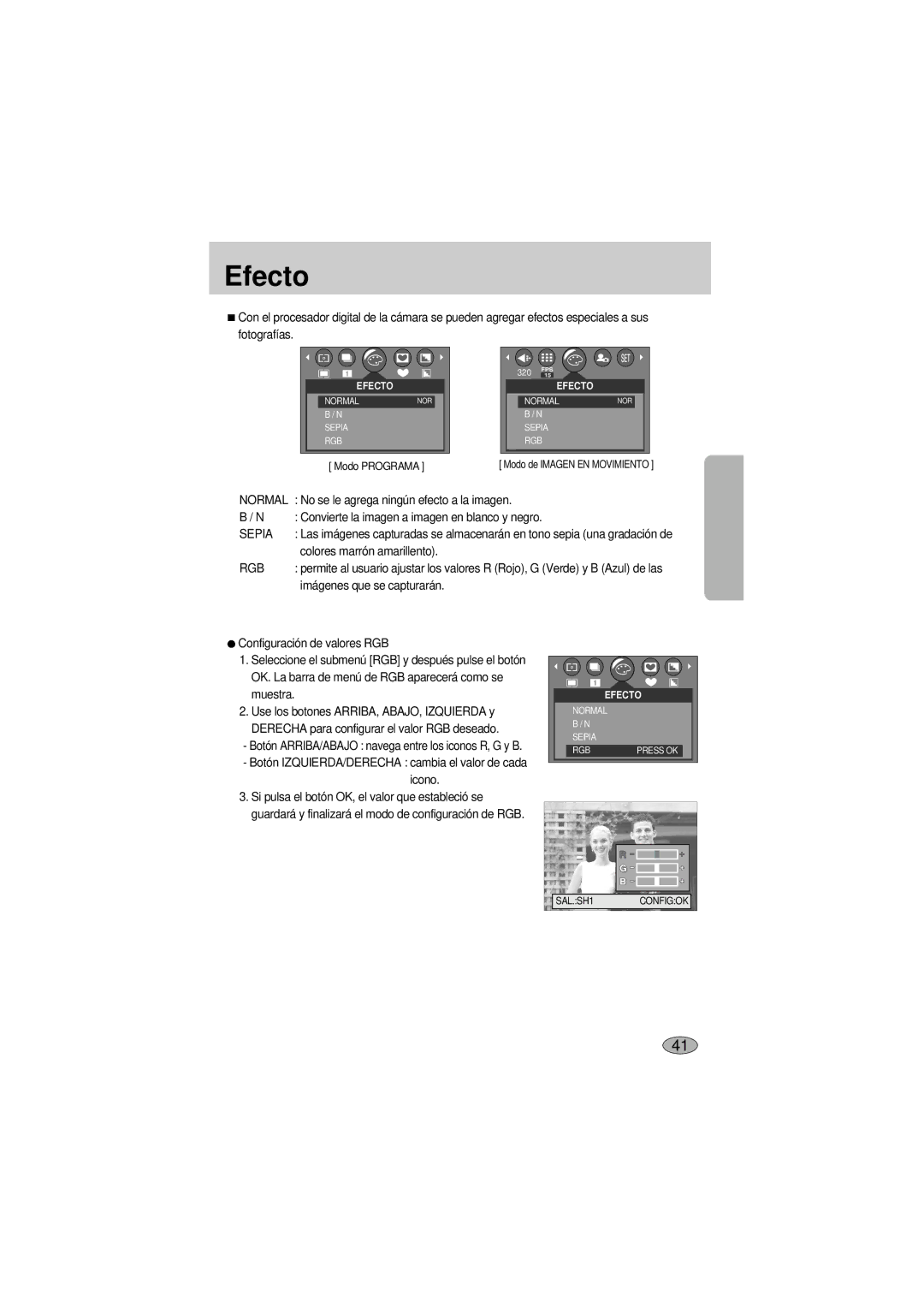 Samsung A400 manual Efecto, Normal, Rgb 