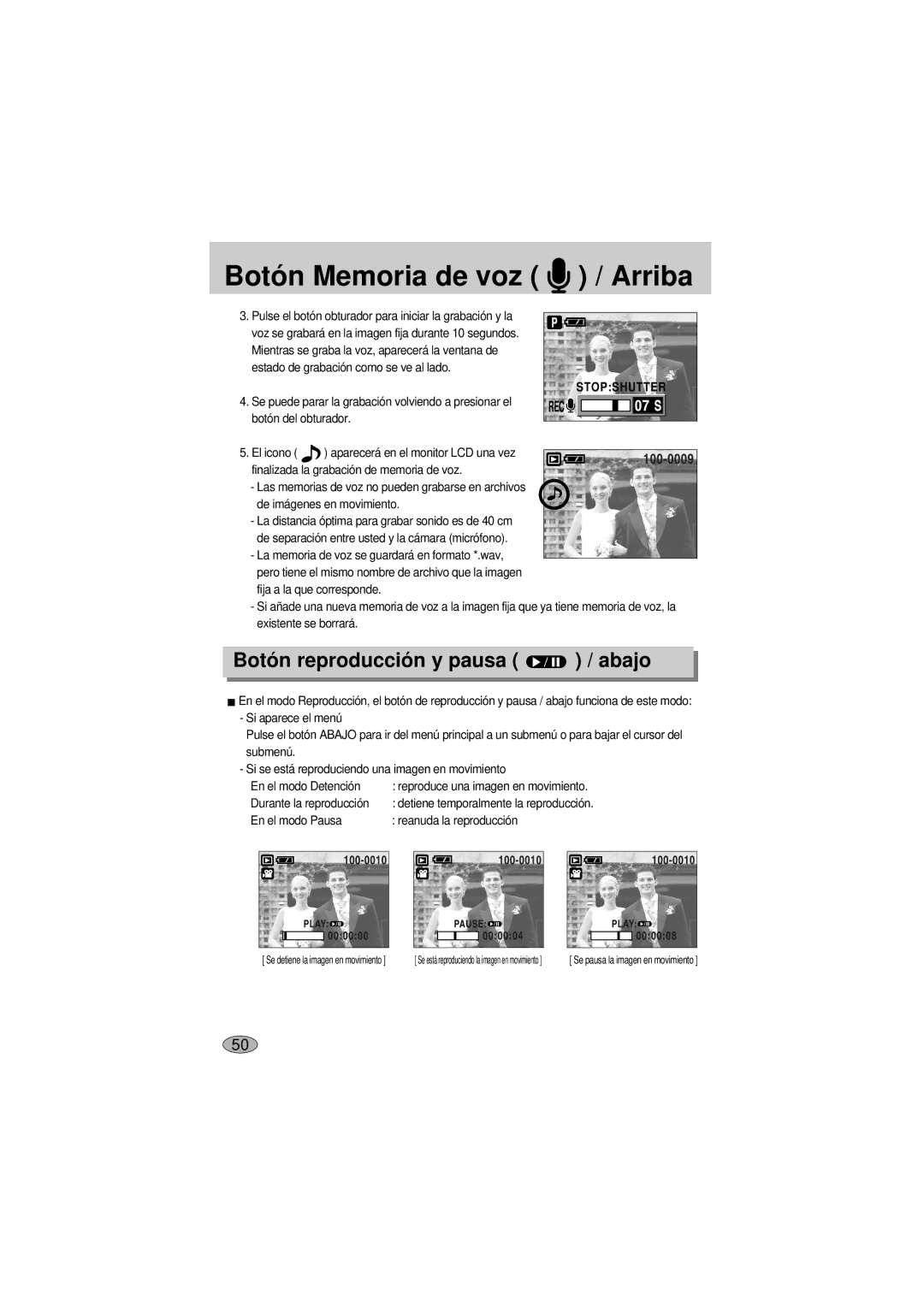 Samsung A400 manual Botó n Memoria de voz / Arriba, Botó n reproducció n y pausa / abajo 