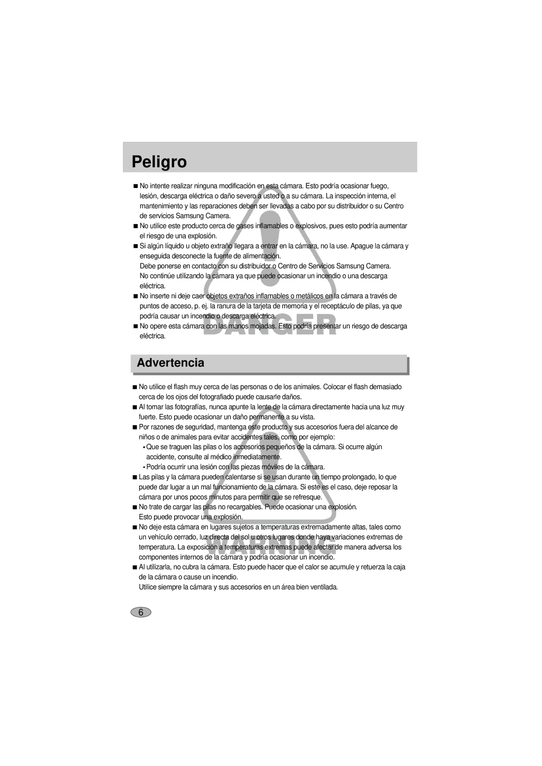 Samsung A400 manual Peligro, Advertencia 