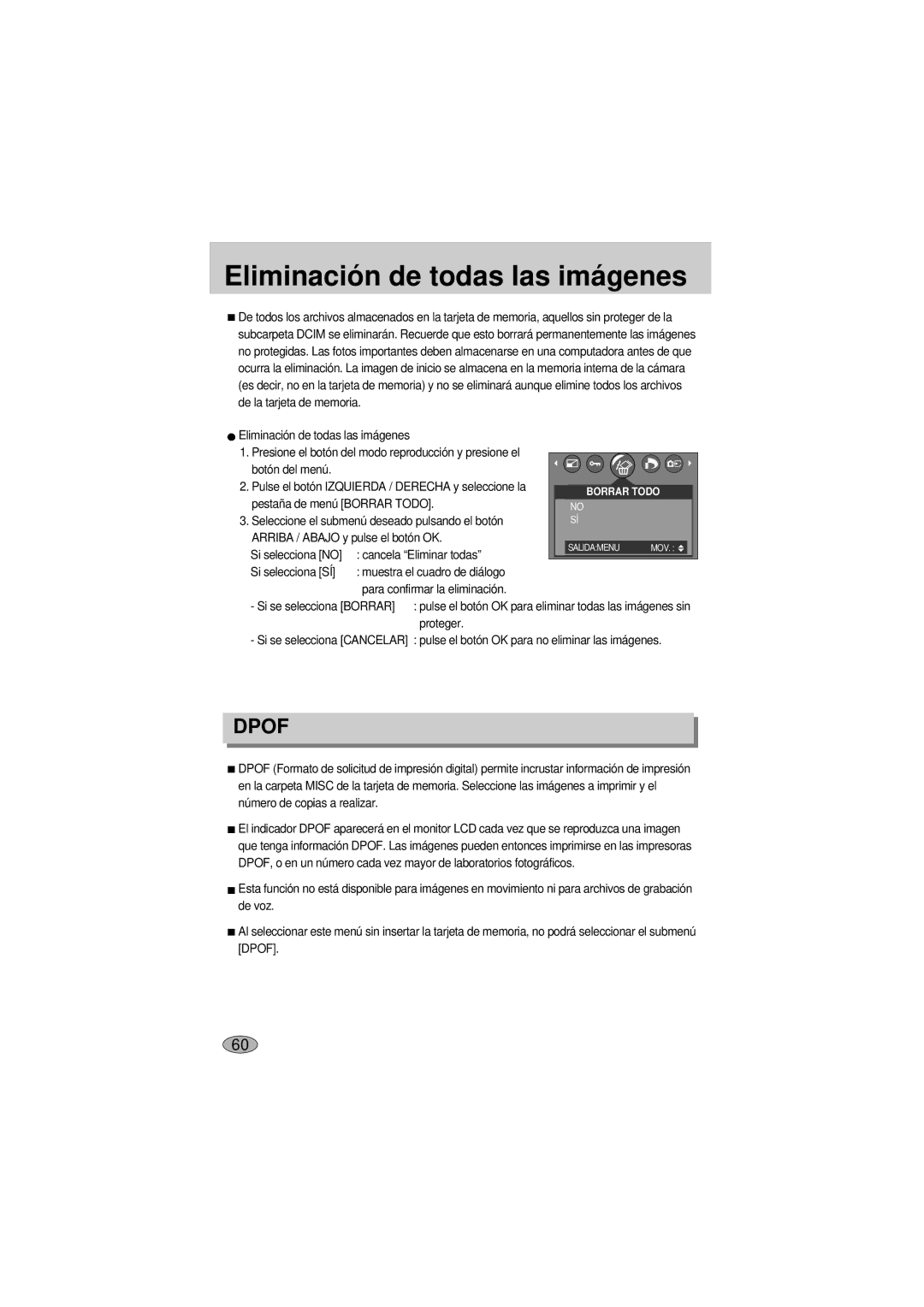 Samsung A400 Eliminació n de todas las imá genes, Botón del menú, Si selecciona no Cancela Eliminar todas Si selecciona SÍ 