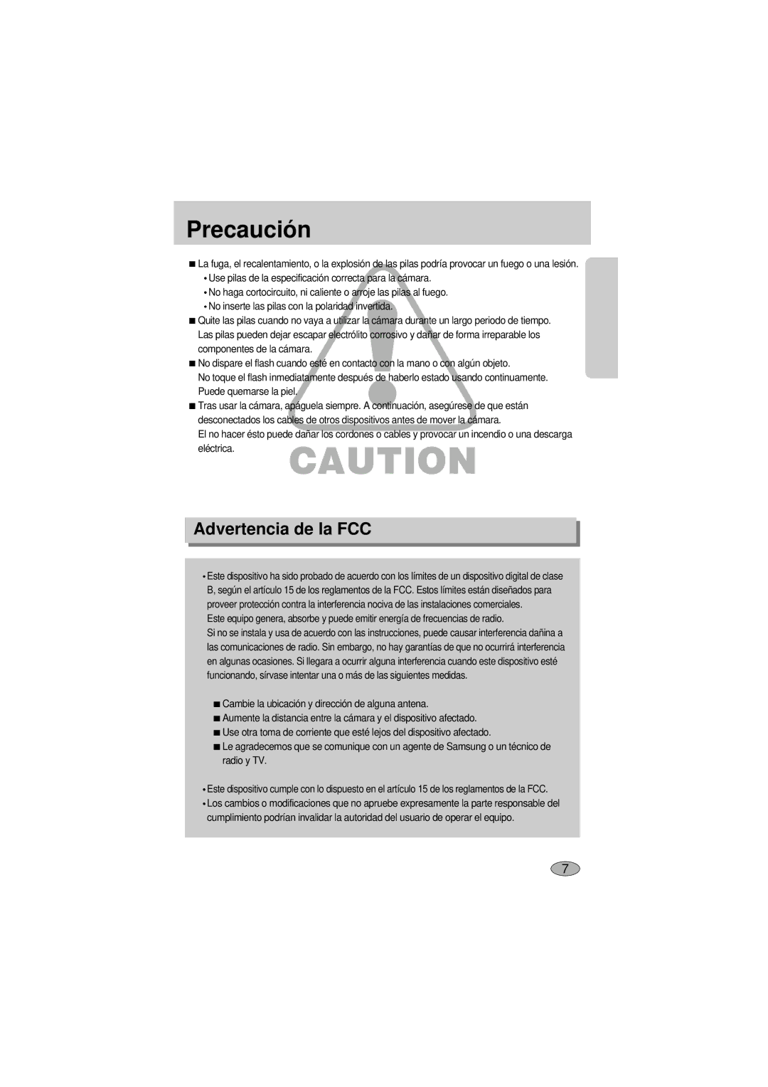 Samsung A400 manual Precaución, Advertencia de la FCC 