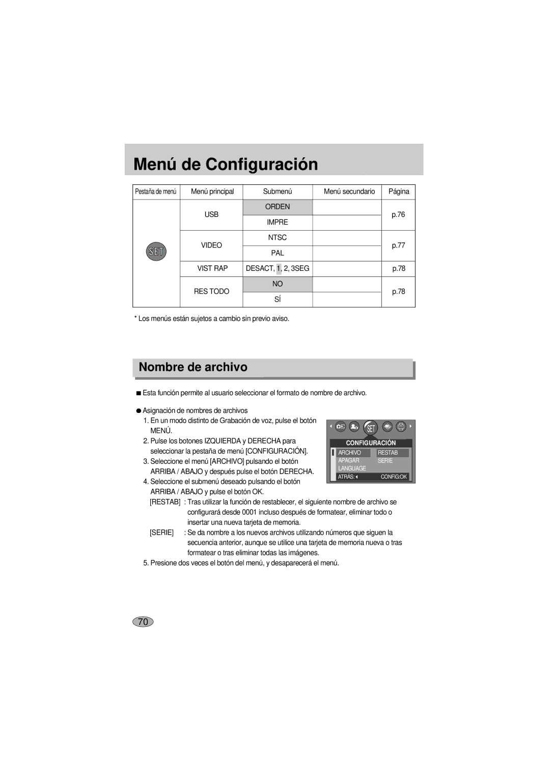 Samsung A400 manual Nombre de archivo, Orden Impre, Ntsc, Desact, Menú 