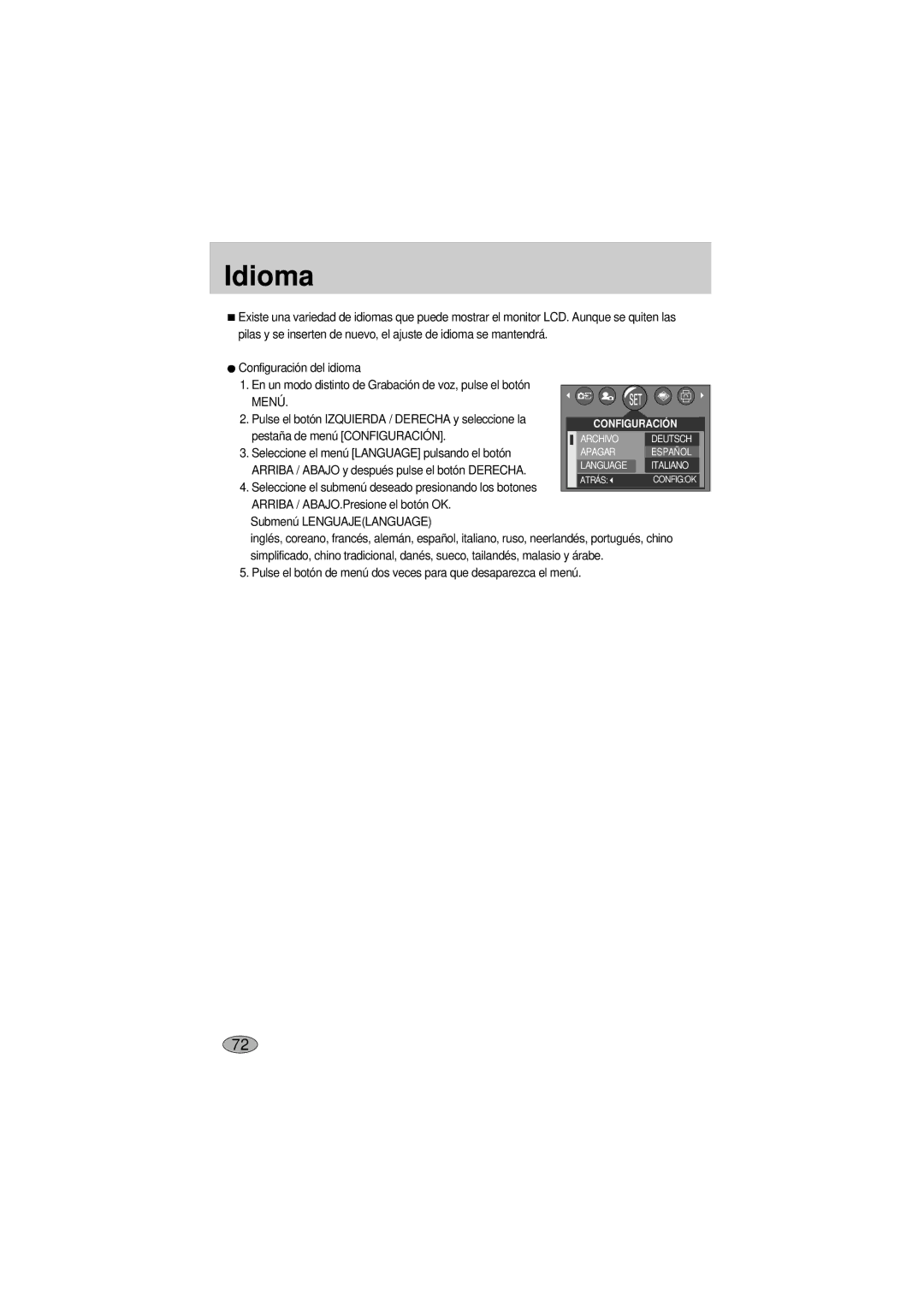 Samsung A400 Idioma, Pulse el botón Izquierda / Derecha y seleccione la, Seleccione el menú Language pulsando el botón 