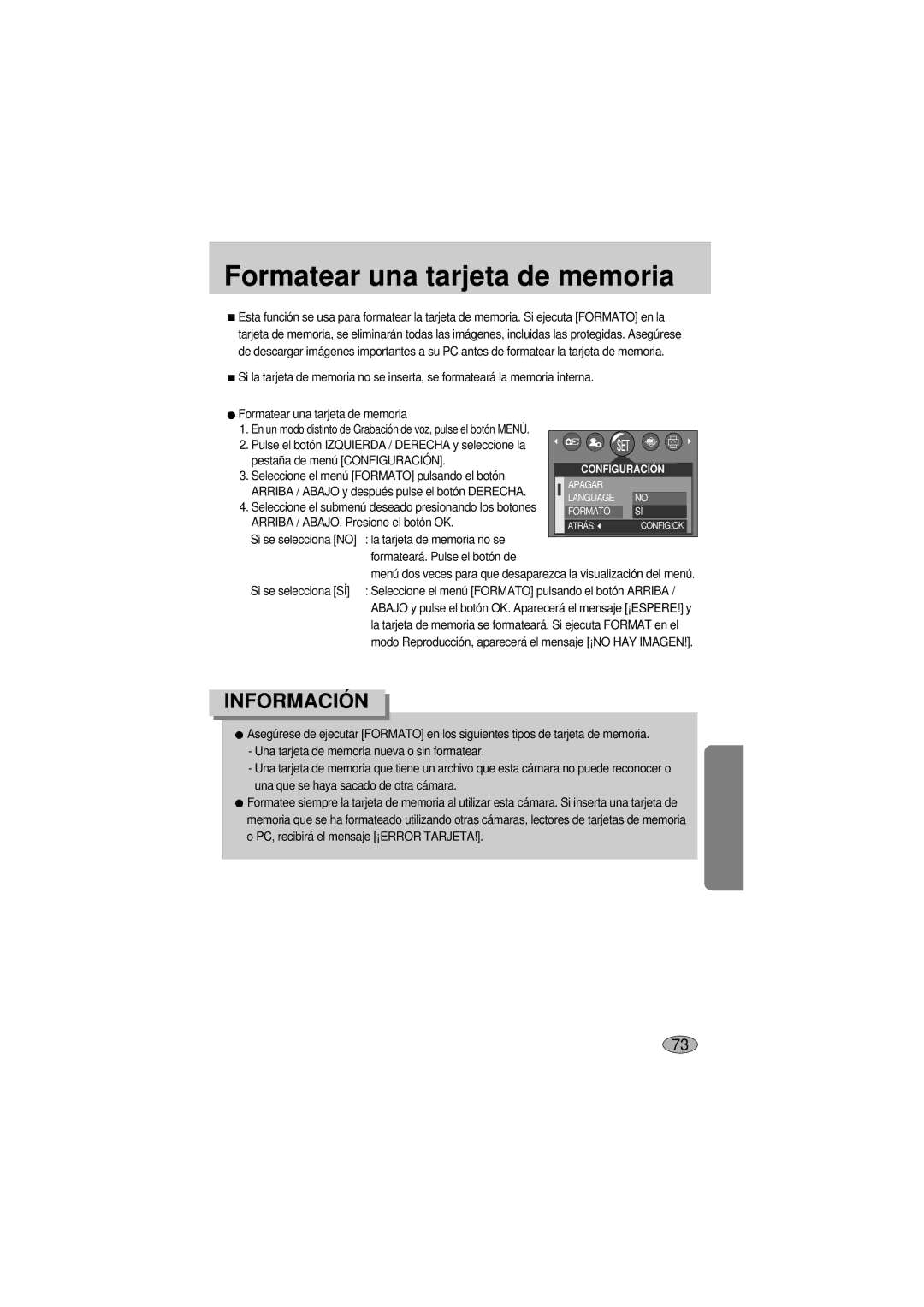 Samsung A400 manual Formatear una tarjeta de memoria, Seleccione el menú Formato pulsando el botón 