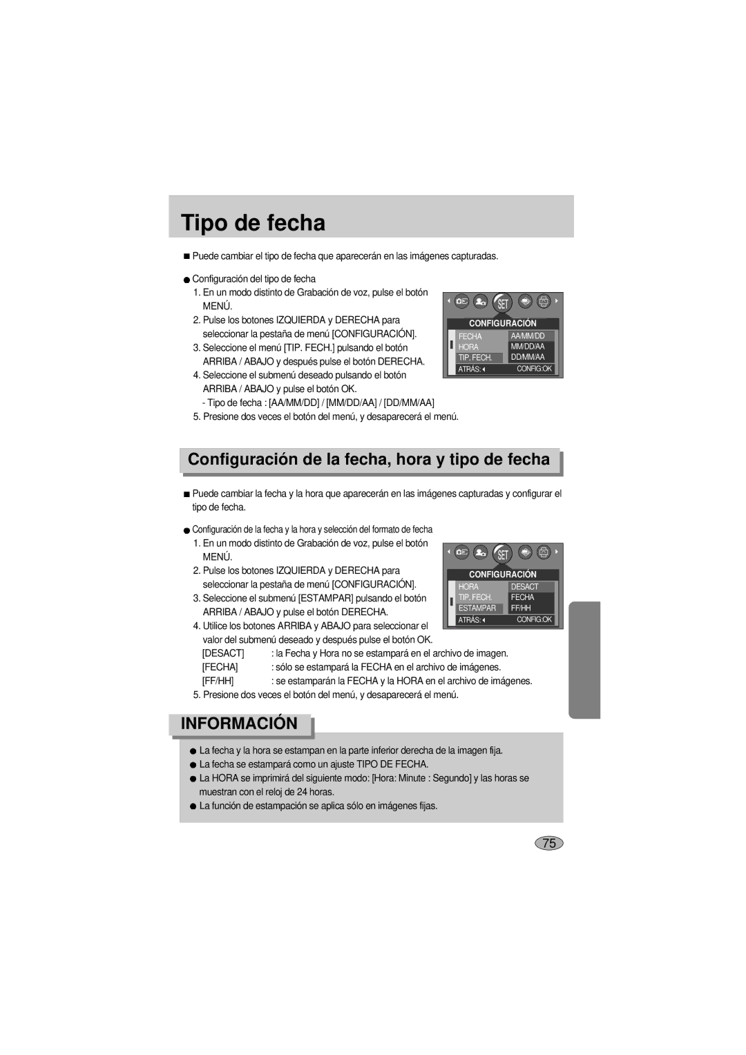 Samsung A400 manual Tipo de fecha, Configuración de la fecha, hora y tipo de fecha, Fecha 