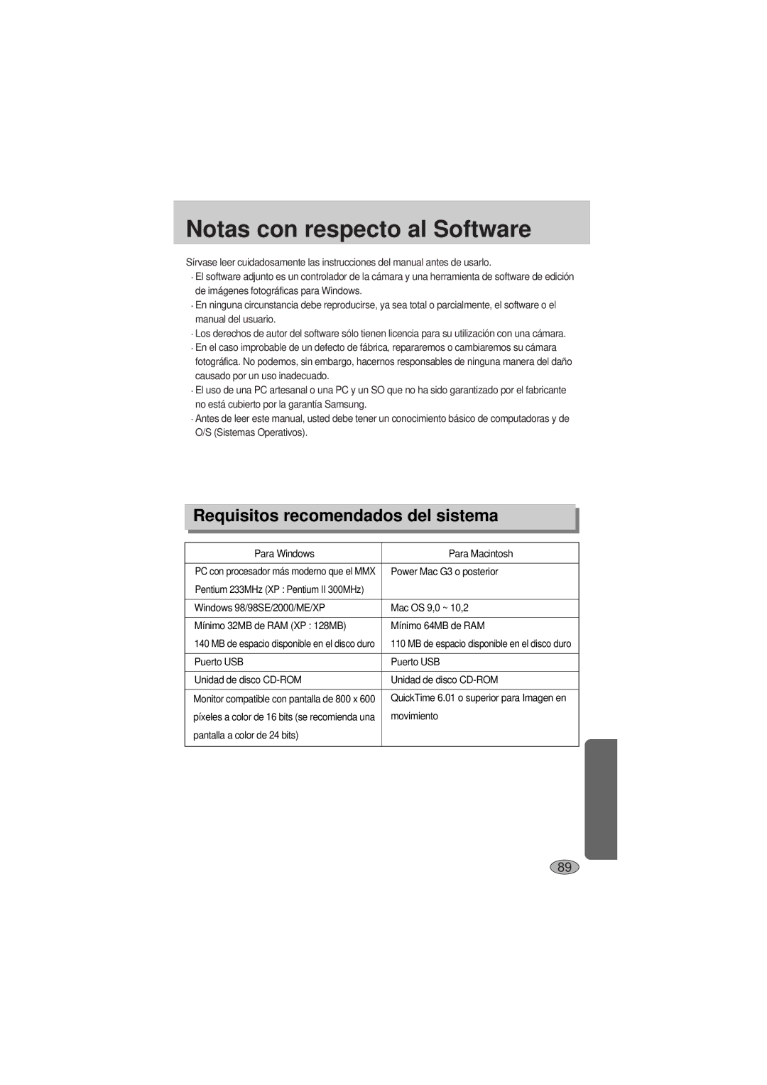 Samsung A400 manual Notas con respecto al Software, Requisitos recomendados del sistema 