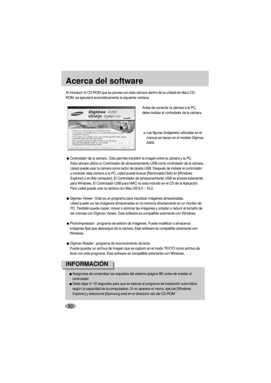 Samsung A400 manual Acerca del software 