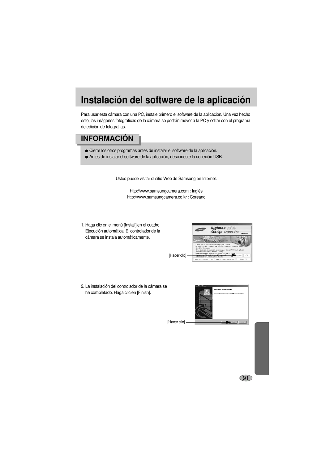 Samsung A400 manual Instalación del software de la aplicación, Usted puede visitar el sitio Web de Samsung en Internet 