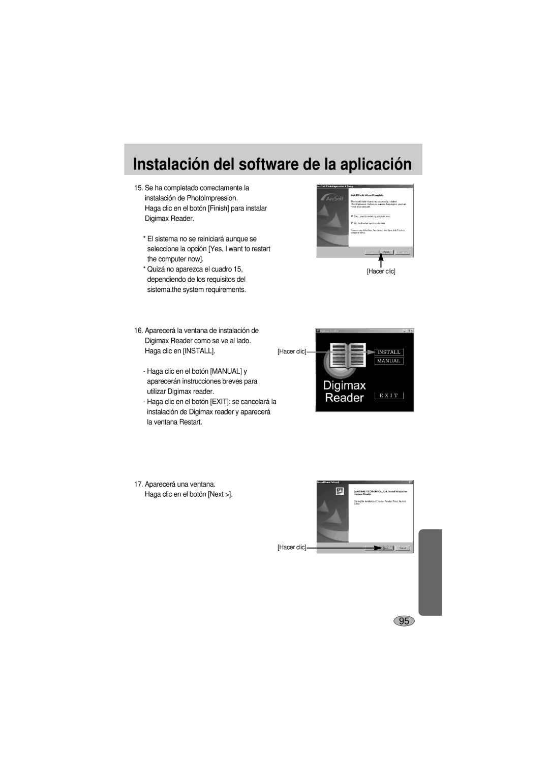 Samsung A400 manual Haga clic en el botón Finish para instalar Digimax Reader, Haga clic en Install 