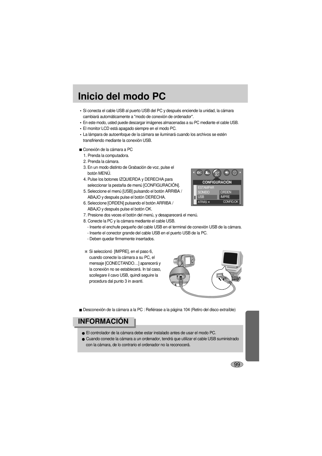 Samsung A400 manual Inicio del modo PC, Seleccione Orden pulsando el botón Arriba 