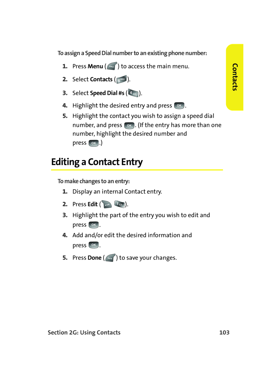 Samsung A560 manual Editing a Contact Entry, To make changes to an entry, Using Contacts 103 