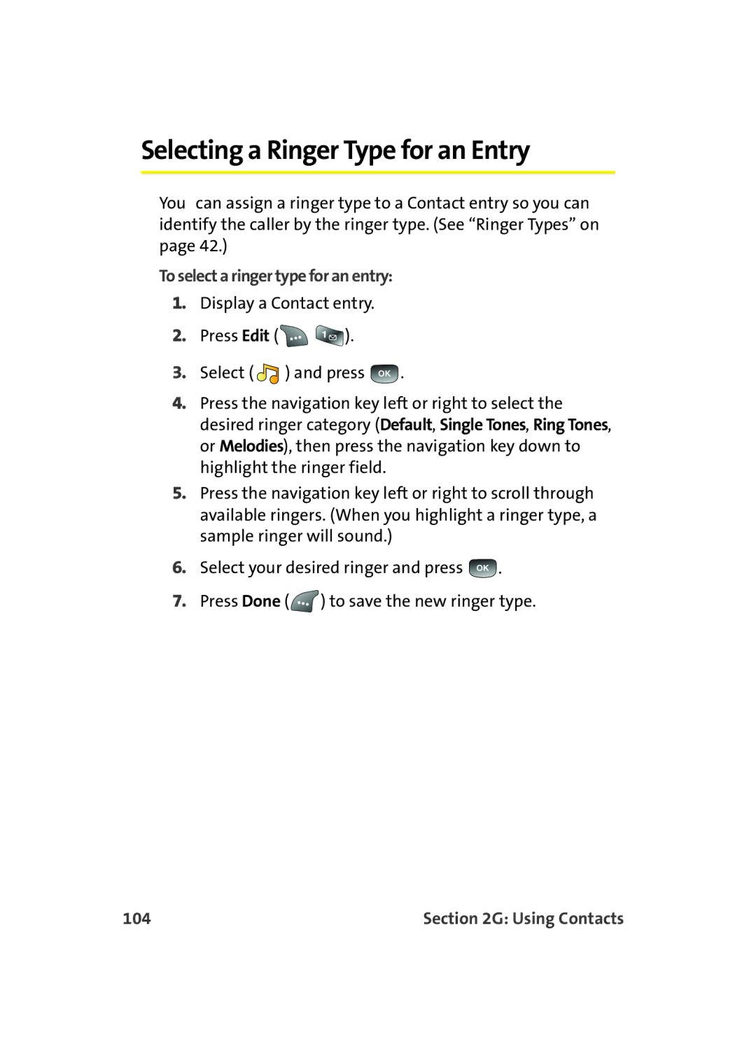 Samsung A560 manual Selecting a Ringer Type for an Entry, To select a ringer type for an entry, 104 