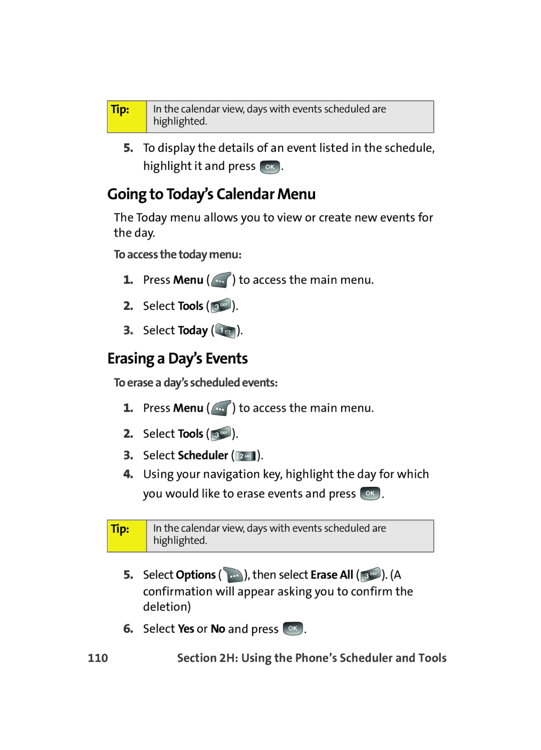 Samsung A560 manual Going to Today’s Calendar Menu, Erasing a Day’s Events, To access the today menu, 110 