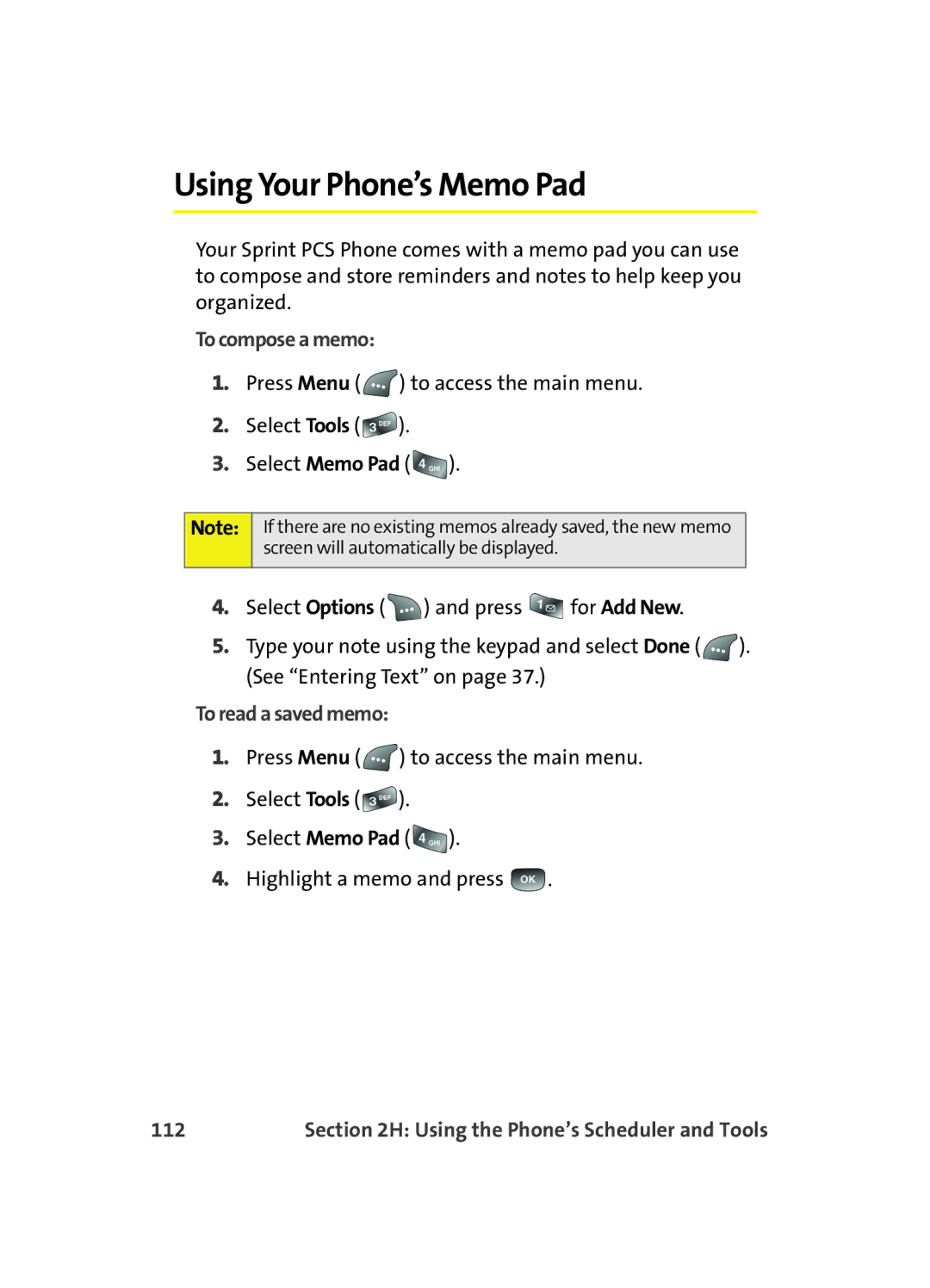 Samsung A560 manual Using Your Phone’s Memo Pad, To compose a memo, To read a saved memo, 112 