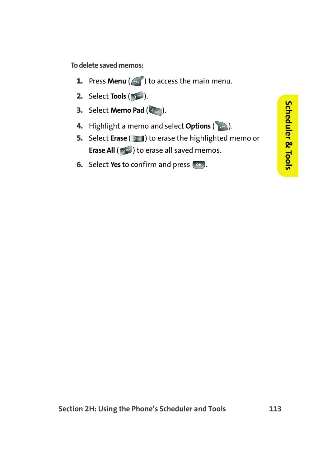 Samsung A560 manual To delete saved memos, Using the Phone’s Scheduler and Tools 113 