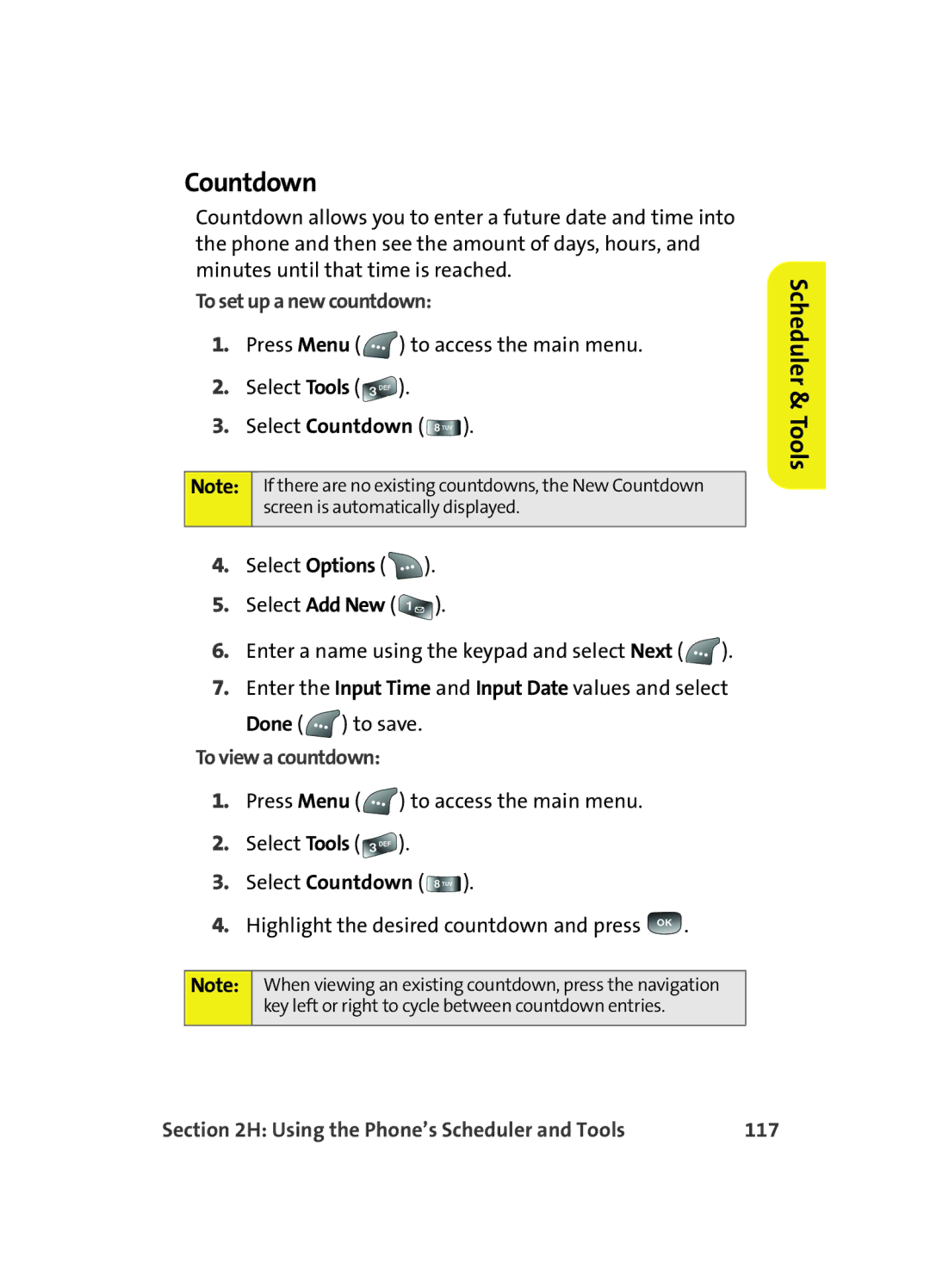 Samsung A560 manual Countdown, To set up a new countdown, To view a countdown, Using the Phone’s Scheduler and Tools 117 