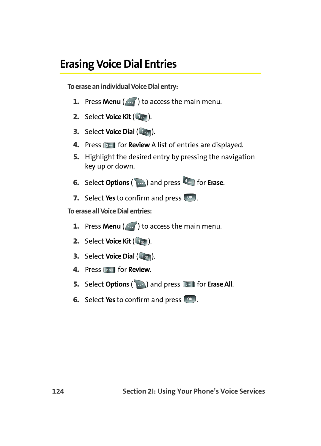 Samsung A560 Erasing Voice Dial Entries, To erase an individual Voice Dial entry, To erase all Voice Dial entries, 124 