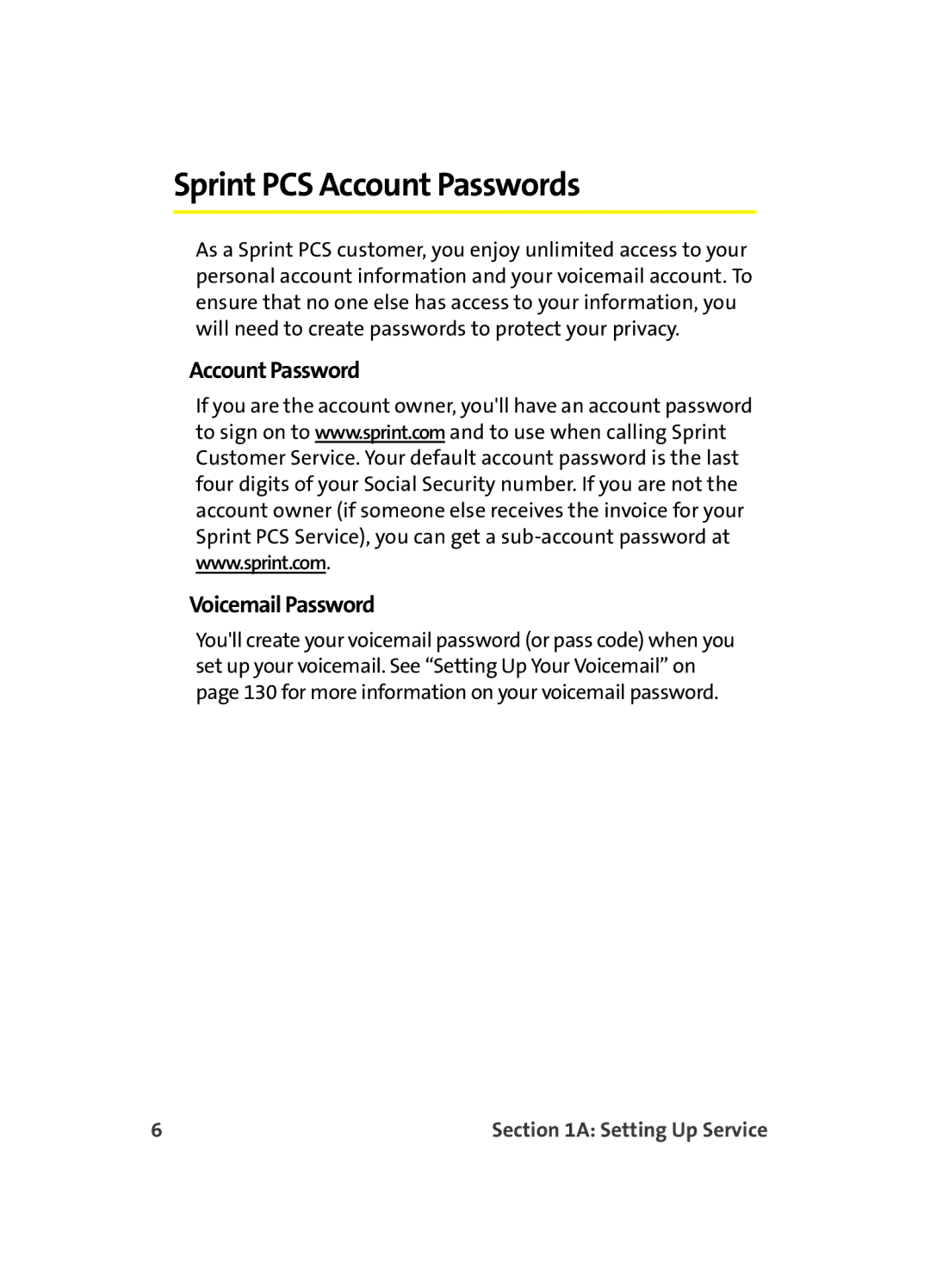 Samsung A560 manual Sprint PCS Account Passwords, Account Password Voicemail Password 