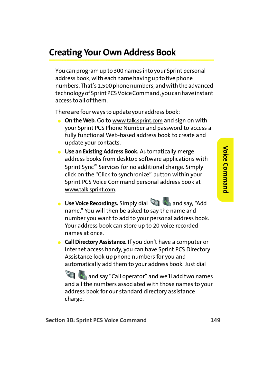 Samsung A560 manual Creating Your Own Address Book, Sprint PCS Voice Command 149 