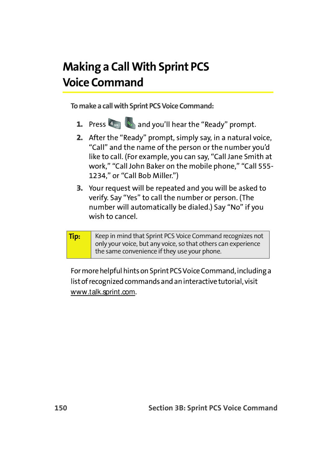 Samsung A560 manual Making a Call With Sprint PCS Voice Command, To make a call with Sprint PCS Voice Command, 150 