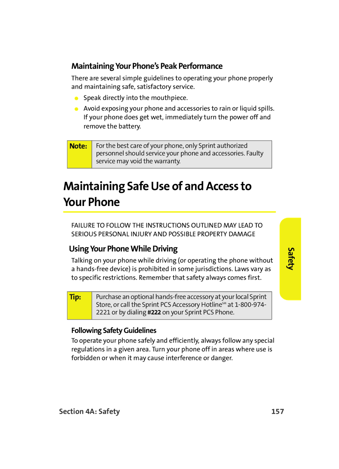 Samsung A560 manual Maintaining Safe Use of and Access to Your Phone, Maintaining Your Phone’s Peak Performance, Safety 157 