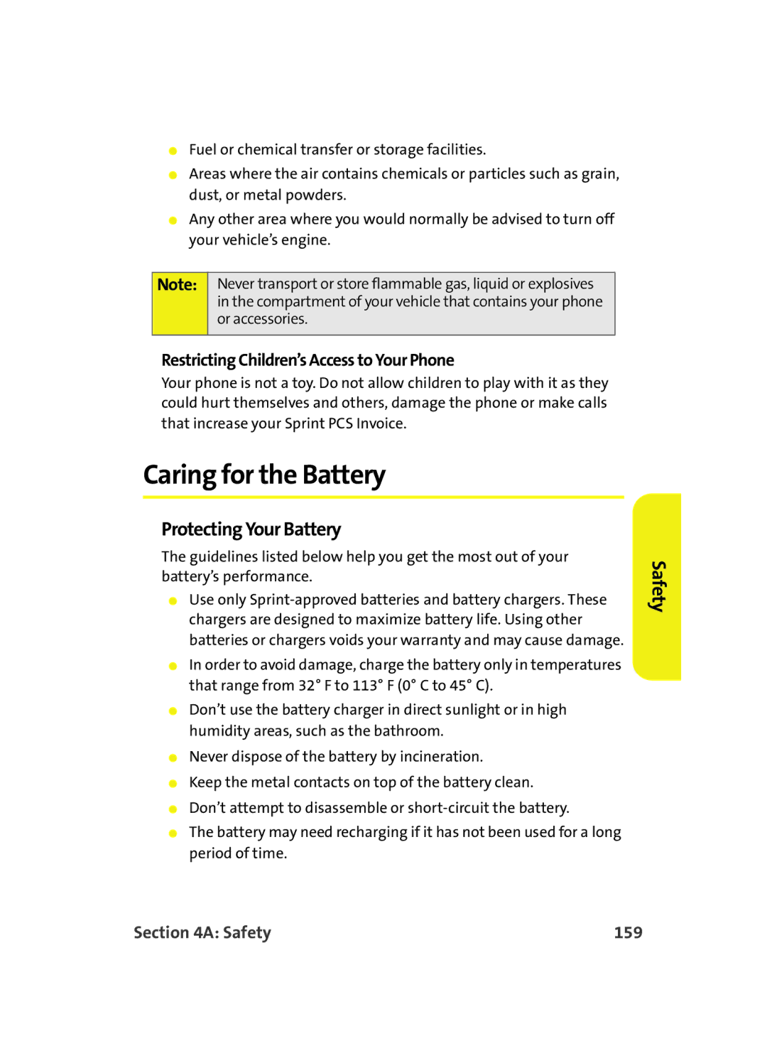 Samsung A560 Caring for the Battery, Protecting Your Battery, Restricting Children’s Access to Your Phone, Safety 159 