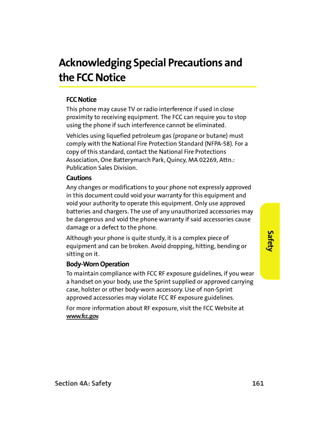 Samsung A560 manual Acknowledging Special Precautions and the FCC Notice, Body-Worn Operation, Safety 161 