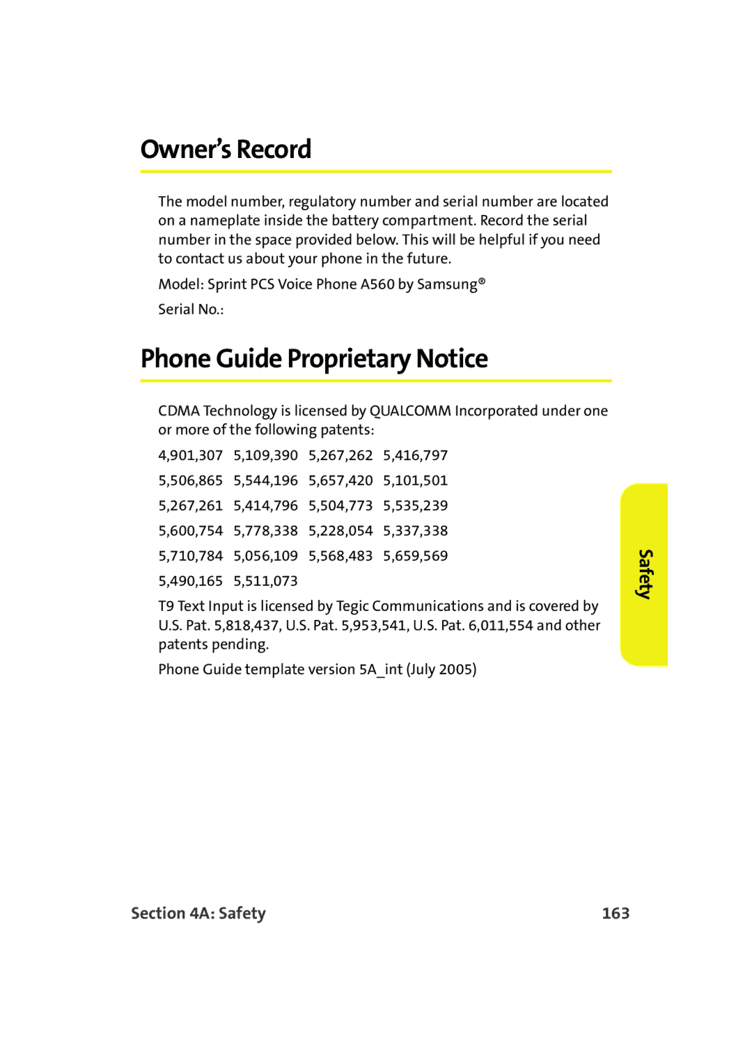 Samsung A560 manual Owner’s Record, Phone Guide Proprietary Notice, Safety 163 